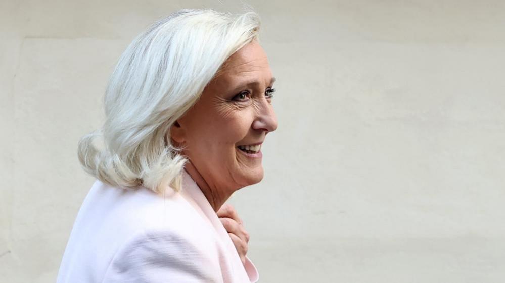 Le Pen, wearing a light pink jacket, smiles against a white background 