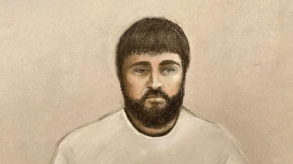 A court sketch of Kyle Clifford. He is wearing a pale sweater and has dark hair with a full smart beard and moustache. His eyes look sunken and his mouth is turned down.