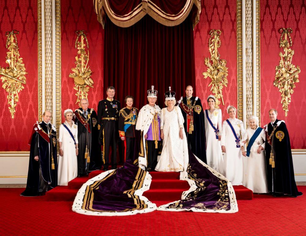 King Charles III and Queen Camilla are pictured with members of the working royal family: (left to right) the Duke of Kent, the Duchess of Gloucester, the Duke of Gloucester, Vice Admiral Sir Tim