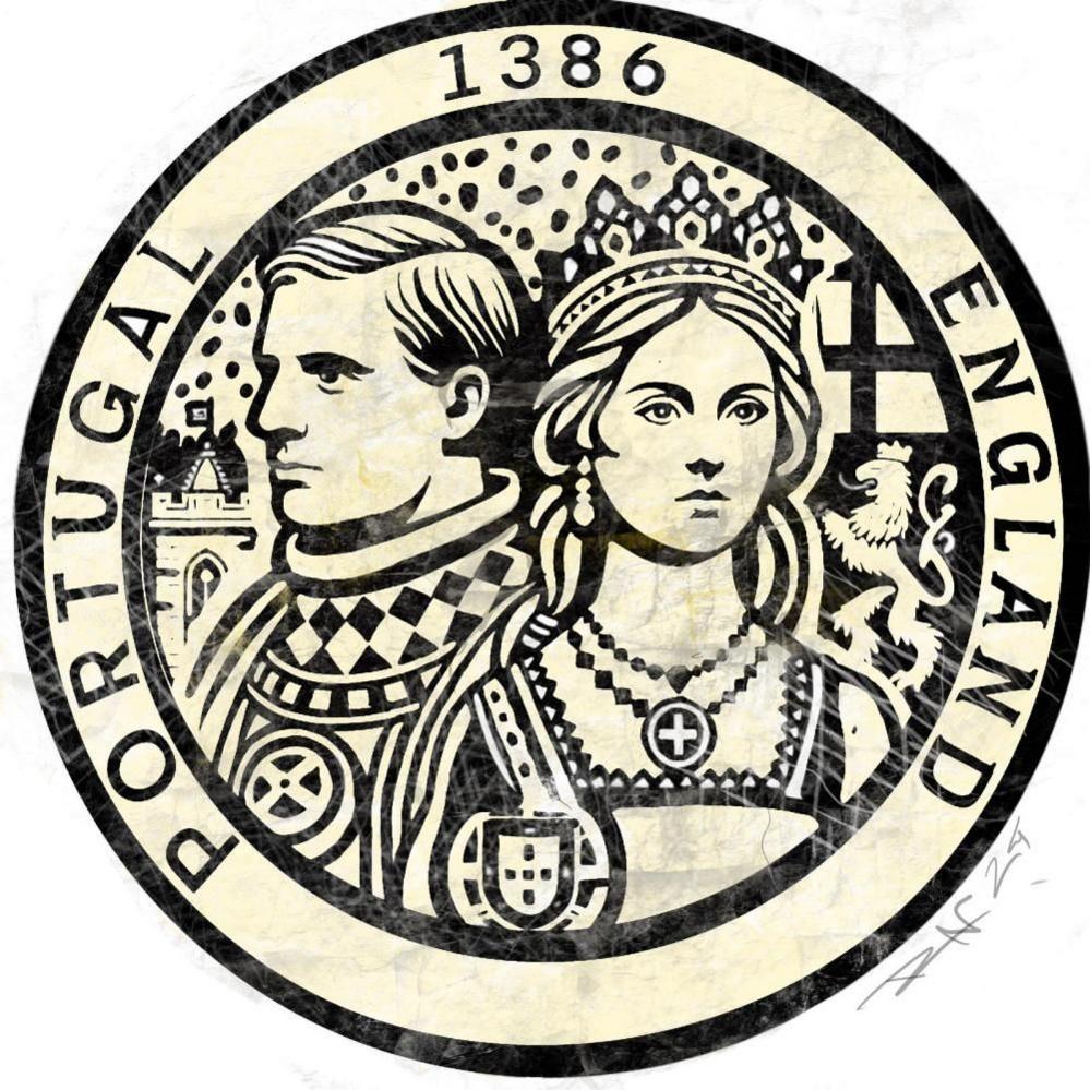 A design for a round mosaic, featuring King John I of Portugal and Philippa of Lancaster. It has the words Portugal and England, and the date 1386 in a round border.