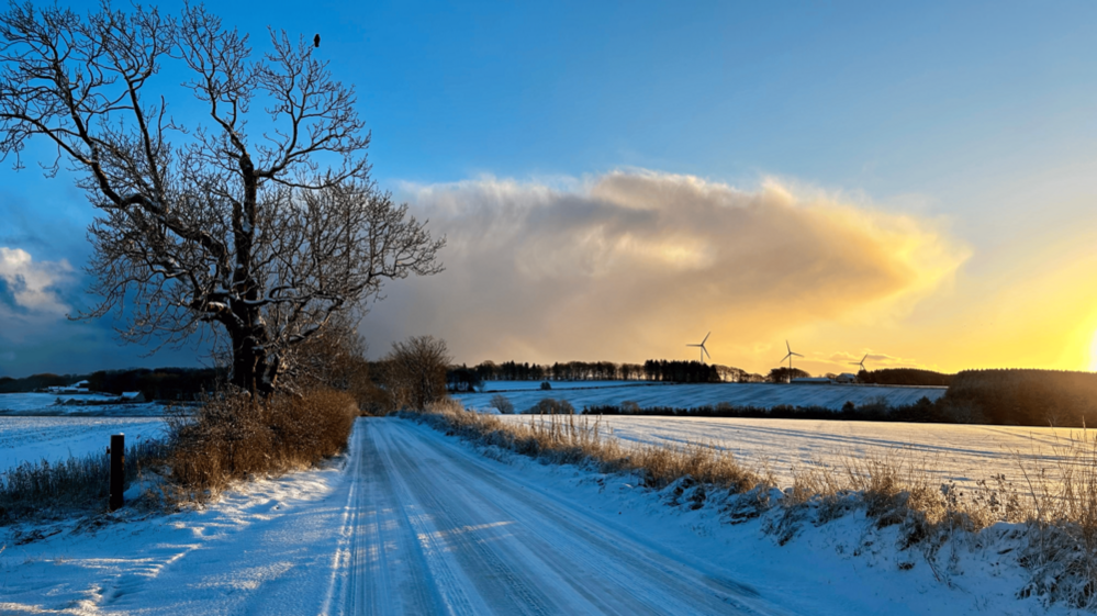 A snow covered road by fields with wind turbines in the background 