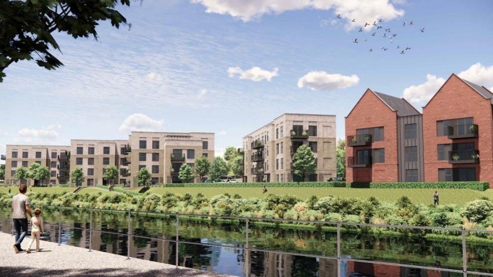 An artist's drawing of five blocks of three and four-storey flats. Four are grey and one is red brick. There are blue skies overhead and green grass in front of the buildings. There is green space and a river in front of the flats, with a man and child standing on the closest edge of the water.