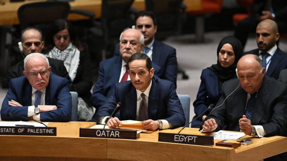 وزير الخارجية القطري محمد عبد الرحمان بن جاسم أثناء اجتماع مجلس الأمن الدولي 