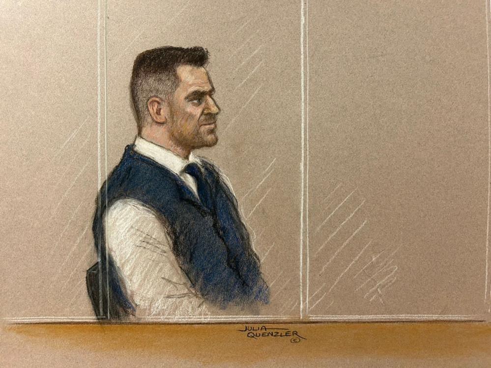 A court sketch of Stephen Yaxley-Lennon, known by the pseudonym Tommy Robinson, in Westminster Magistrates' Court 