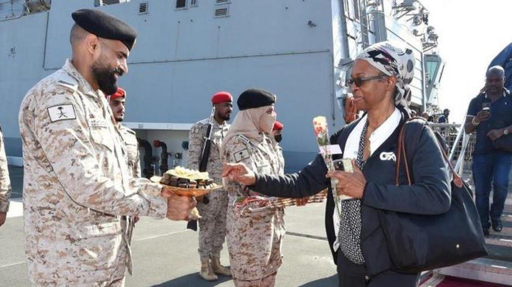 Citizens of Saudi Arabia and people from other nationalities are welcomed by Saudi Royal Navy officials as they arrive at Jeddah Sea Port after being evacuated through Saudi Navy Ship from Sudan to escape the conflicts, Jeddah, Saudi Arabia, April 22, 2023