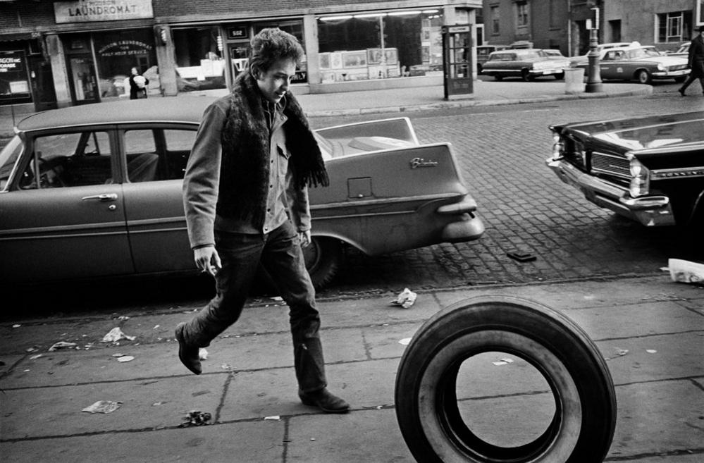 Bob Dylan rolling the tire, Greenwich Village, New York City, 1963