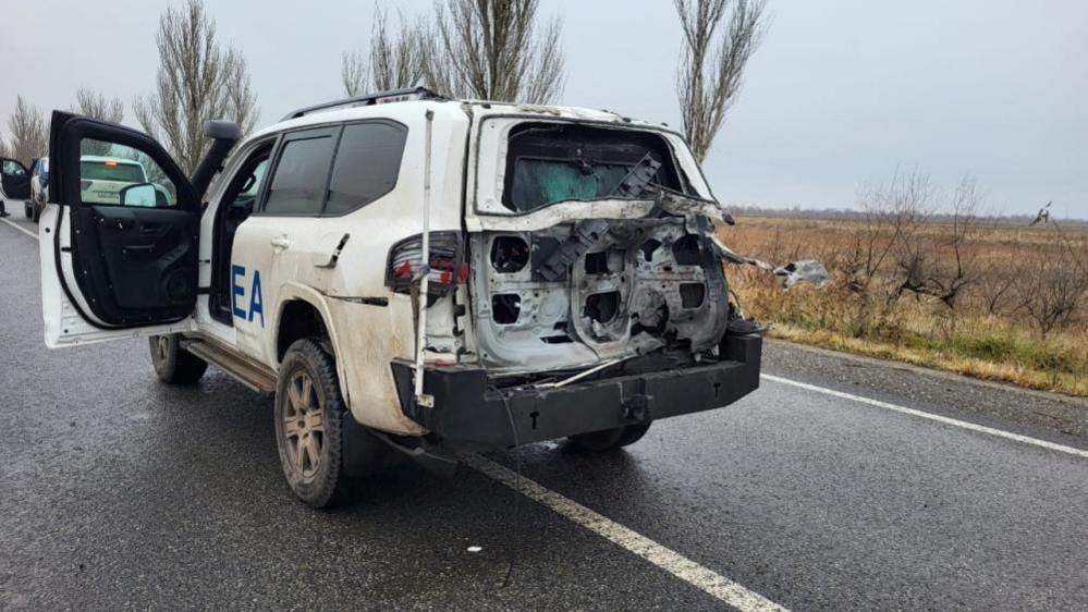 An IAEA vehicle damaged in a drone attack in the Zaporizhzhia region. Photo: 10 December 2024