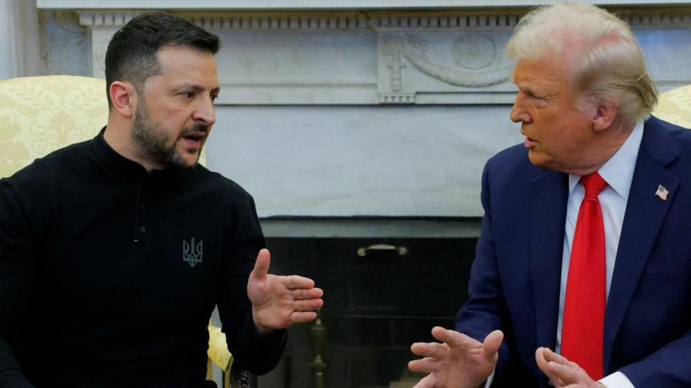 Sitting on gold chairs in the Oval Office, Zelensky, left, holds a hand out as he speaks, while Trump, right, gestures with both hands as he also speaks