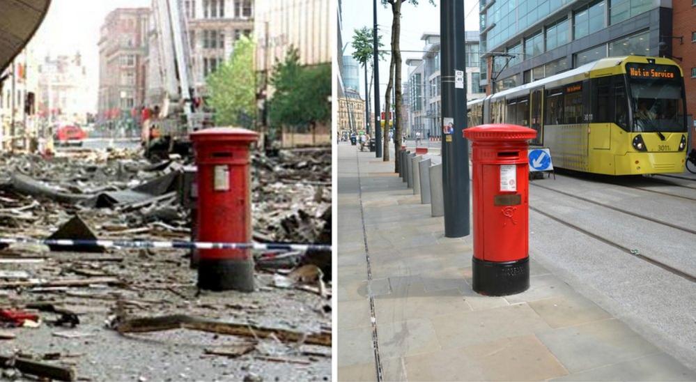 post box in blast and now