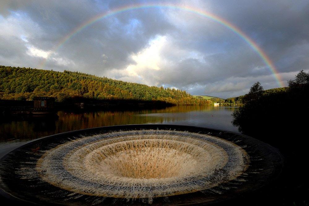 Ladybower reservoir plughole is seen after heavy rain from Storm Babet, Castleton