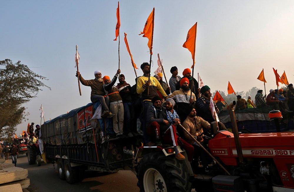 Farmers take part in a tractor rally