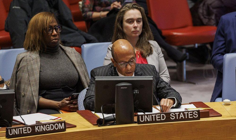 US Deputy Ambassador to the UN Robert Wood (centre) speaks at a Security Council meeting on Tuesday, with other attendees pictured in the background.