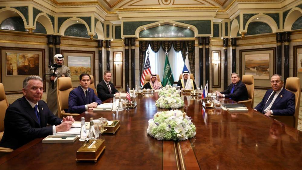 US Secretary of State Marco Rubio with Saudi Foreign Minister Prince Faisal bin Farhan Al Saud, Saudi National Security Adviser Mosaad bin Mohammad Al-Aiban, US National Security Advisor Mike Waltz, US Middle East envoy Steve Witkoff, Russian Foreign Minister Sergei Lavrov and Russian President Vladimir Putin's foreign policy adviser Yuri Ushakov, at Diriyah Palace in Riyadh