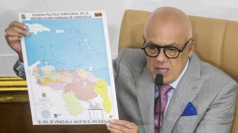 President of the National Assembly, Jorge Rodriguez, shows a map of Venezuela with the accession of Essequibo during a body session in Caracas, Venezuela, 06 December 2023.