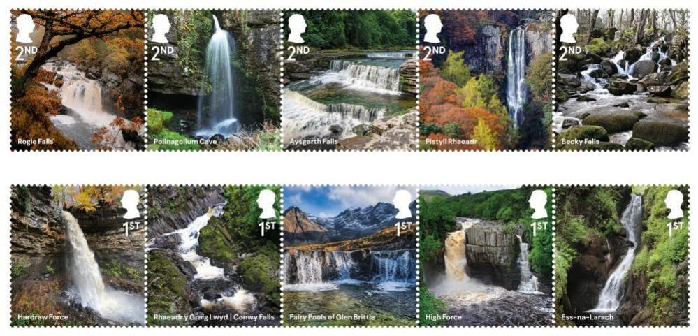 A composite images of 10 stamps with waterfalls on them released by Royal Mail. 