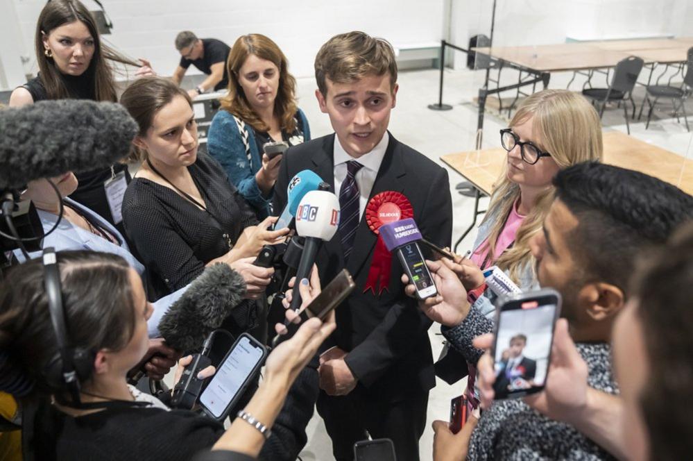 By-election winner and Labour Party candidate Keir Mather talks to the media