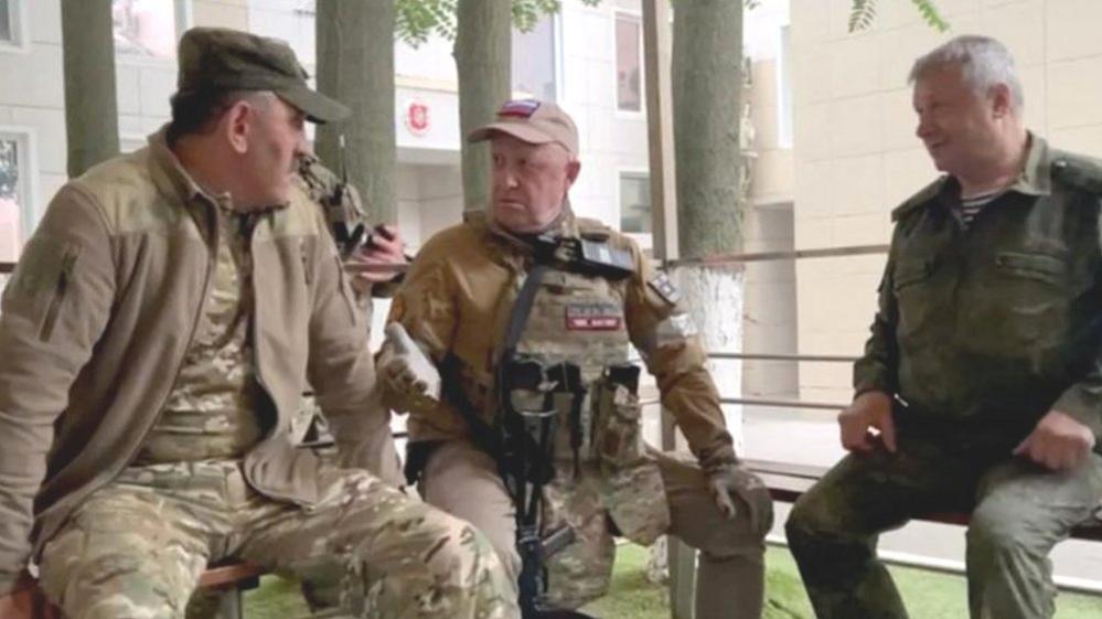 Founder of Wagner private mercenary group Yevgeny Prigozhin speaks with Russia's Deputy Minister of Defense Yunus-Bek Yevkurov, at the headquarters of the Southern Military District of the Russian Armed Forces in Rostov-on-Don, Russia, in this screen grab from a video released on June 24, 2023.