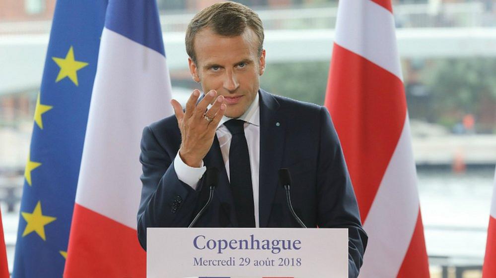 French President Emmanuel Macron delivers a speech during a farewell ceremony at the Royal Theatre on August 29, 2018 in Copenhagen