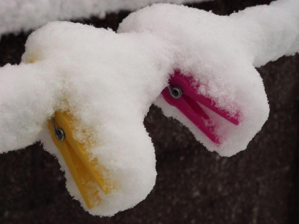 Pegs on a washing line covered in snow