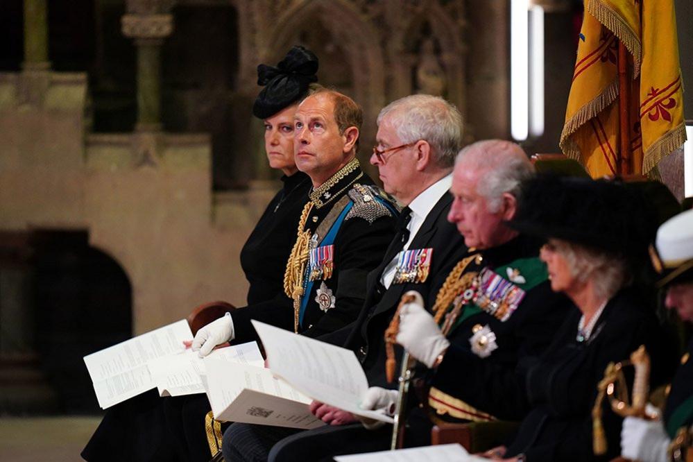 The Countess of Wessex, the Earl of Wessex, the Duke of York, King Charles III and the Queen Consort during a Service of Prayer and Reflection for the Life of Queen Elizabeth II at St Giles' Cathedral