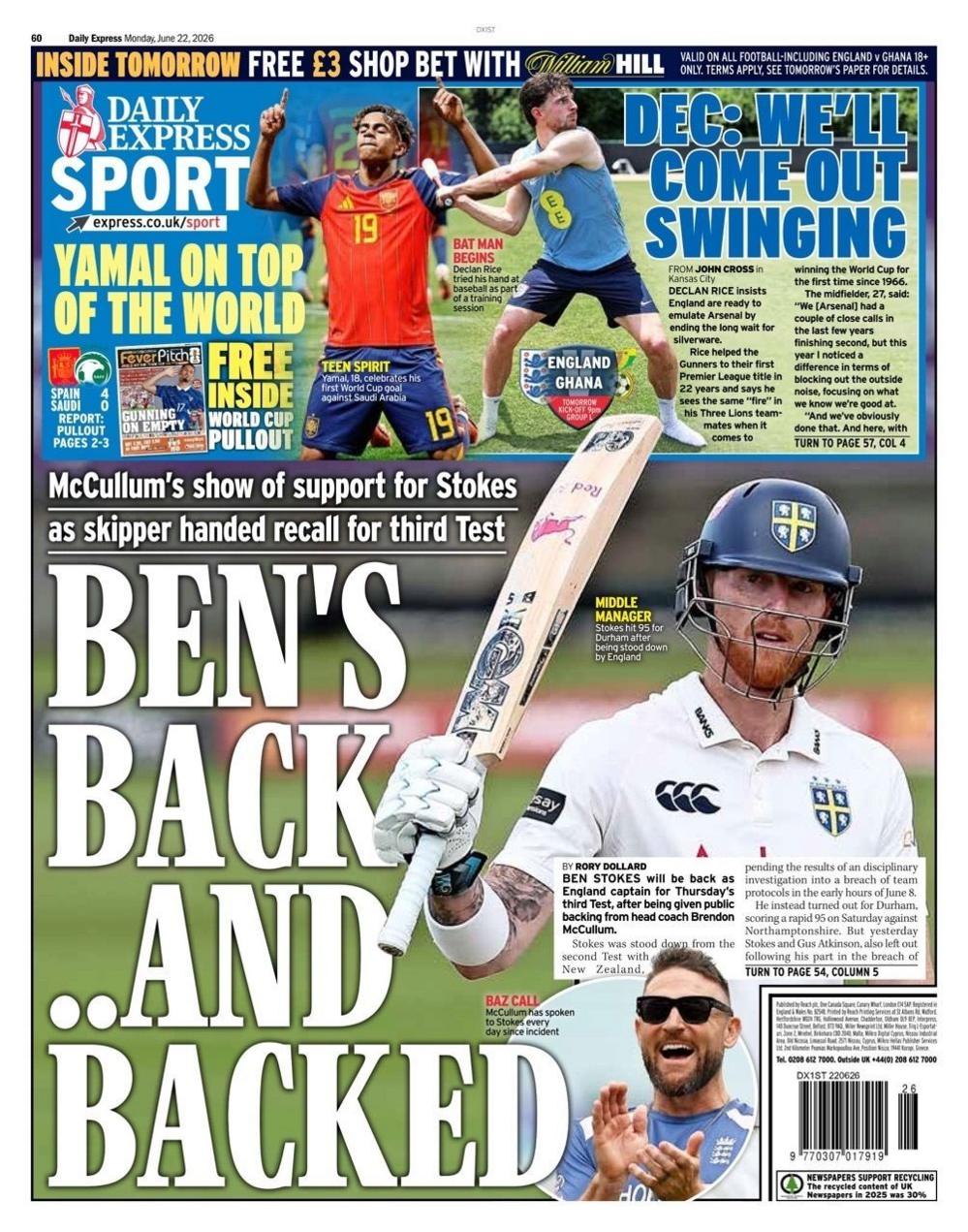 Back page of the Daily Express on 22 June 2026