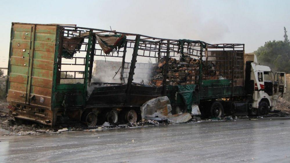 Damaged aid trucks are pictured after attack on Urum al-Kubra, western Aleppo, Syria 20 September 2016