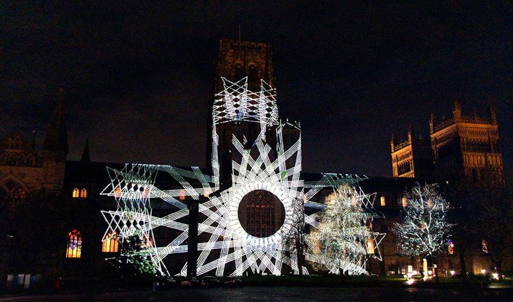 Light show projection on Durham Cathedral