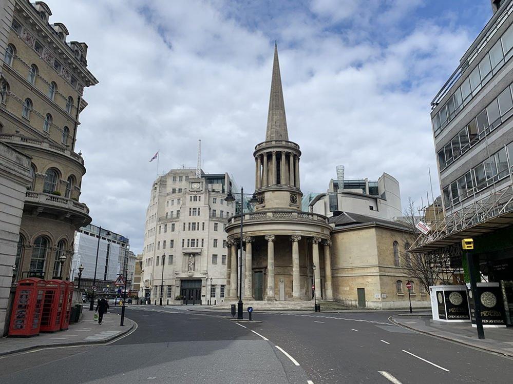 BBC Broadcasting House behind All Souls Langham Place Church