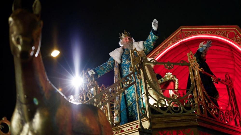 A man dressed as Melchior, one of the Three Wise Men, gestures during the annual Epiphany parade in Madrid, Spain, January 5, 2024.