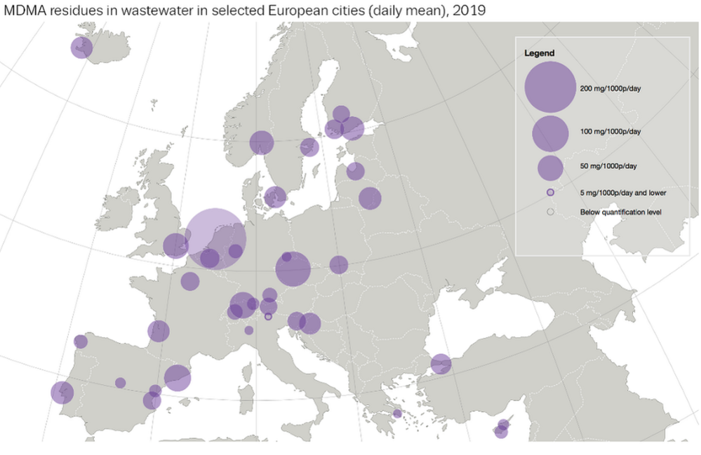 A graphic from the EMCDDA showing MDMA residues in wastewater in selected European cities