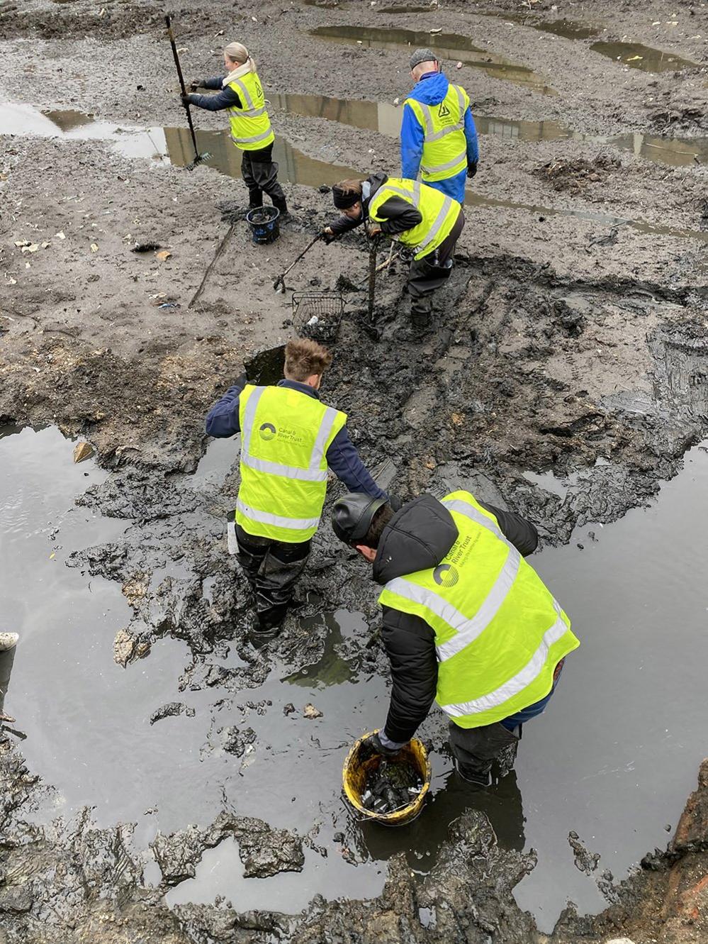 Volunteer litter-pickers brave the mud to gather rubbish from the canal bed