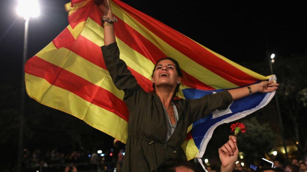 Crowds gather to await the result of the Independence referendum at the Placa de Catalunya on October 1, 2017 in Barcelona