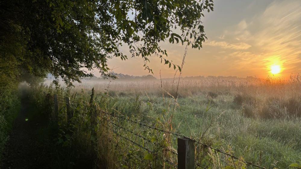 A photo of the sun rising over a misty field. There is a barbed wire fence in the foreground.