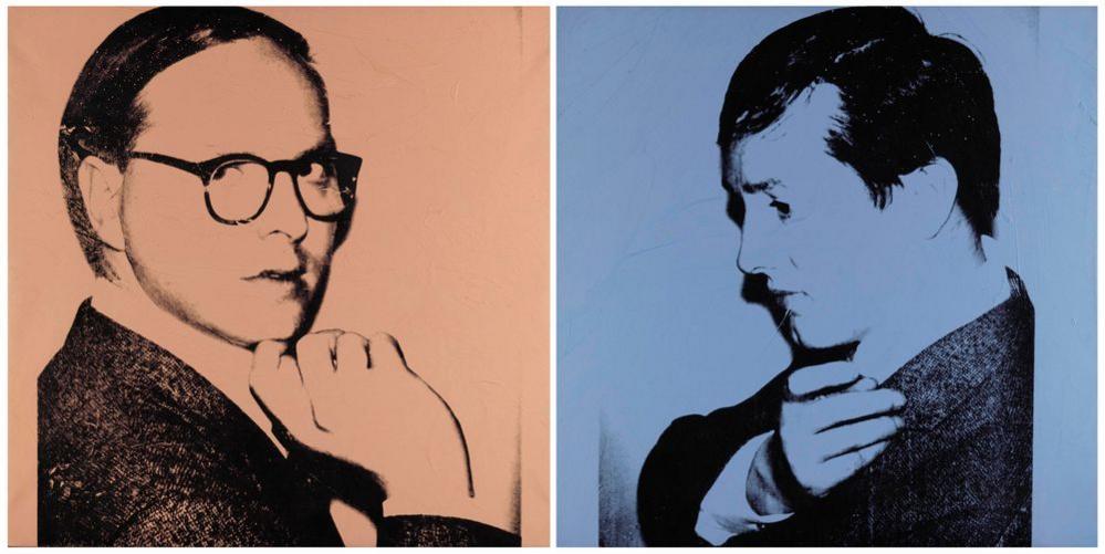 A photo of Gilbert and George by Andy Warhol showing one mad wearing glasses with his hand on his chin and another man with his arm on his shoulder, it is a black and white photo with one image on an pink back ground and the other blue 