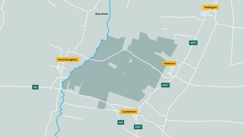 A map of the plans for Leoda Solar Farm, showing its proposed position in relation to Leadenham, Brant Broughton and Welbourn.