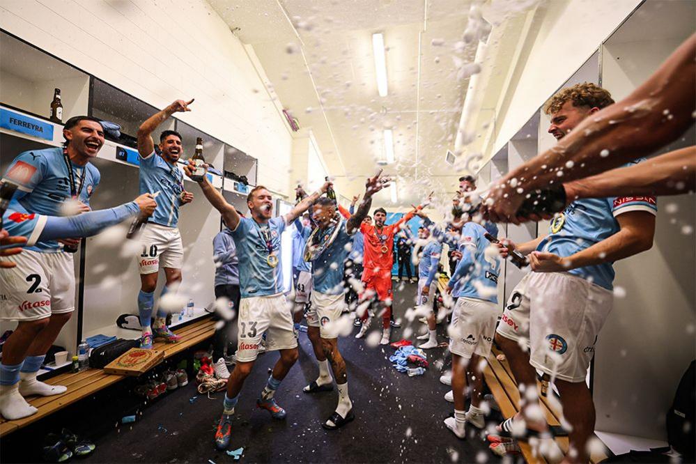 Melbourne City players celebrate after winning the A-League Men Grand Final match between Melbourne City and Melbourne Victory in Melbourne, Australia. Photo by Robert Cianflone