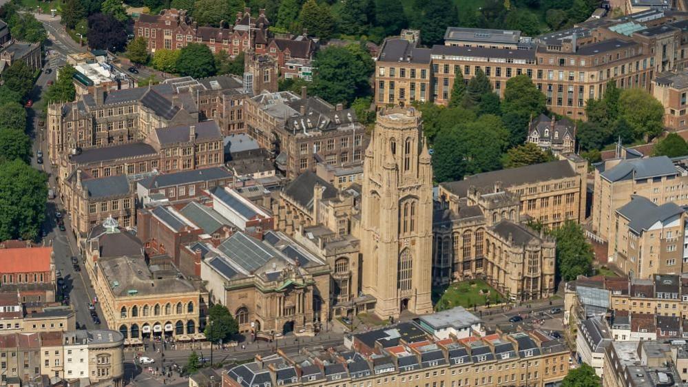 Aerial view of the University of Bristol including the Wills Memorial Building.