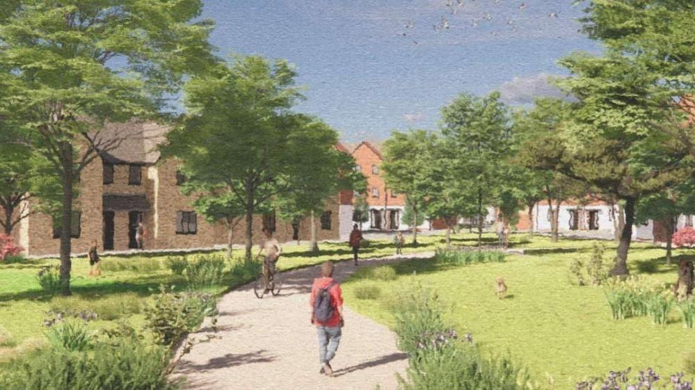 An artist's impression of proposed new homes on the site of Swindon's Abbey Speedway stadium. The impression is water colour in style - with pedestrians and cyclists walking a footpath between new homes and lush green spaces. 
