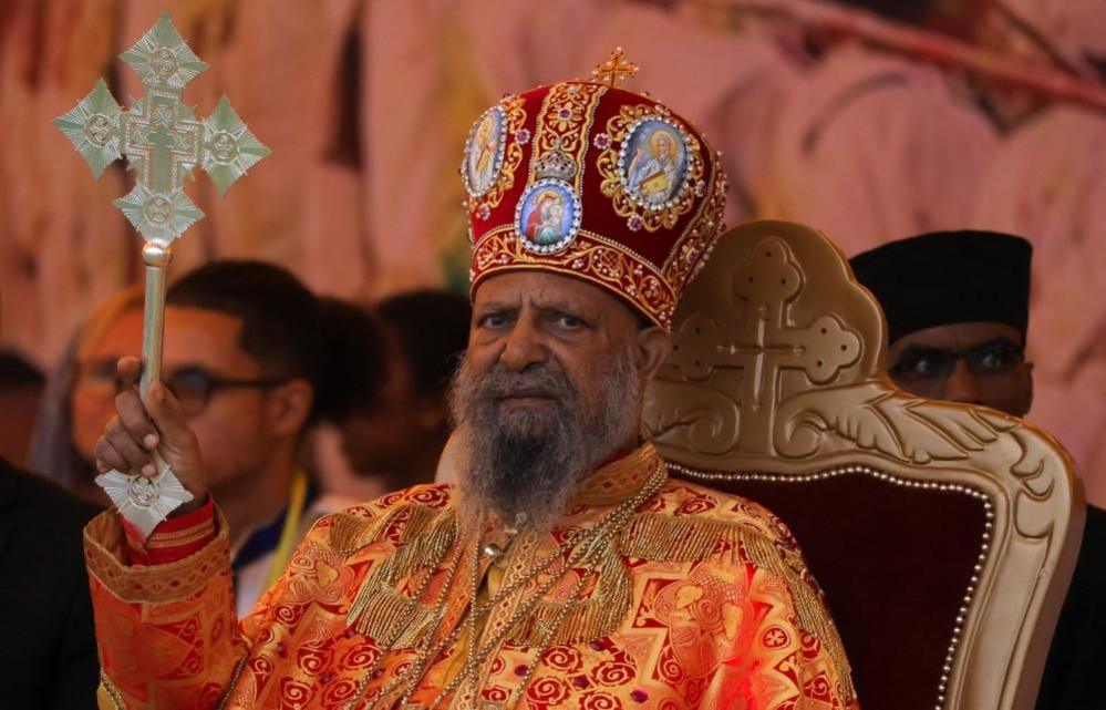 Abune Mathias, Patriarch of the Ethiopian Orthodox church, blesses the faithful during the Meskel festival, a celebration to commemorate the discovery of the True Cross on which Jesus Christ was crucified, in Addis Ababa, Ethiopia, September 26, 2024