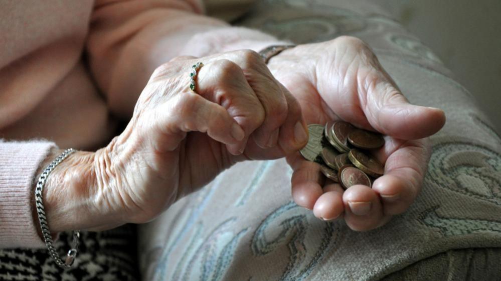 An elderly woman's hands holding a pile of coins, from which she is selecting a silver coin.  She is wearing a pink sweater and a pink skirt with grey swirls. 