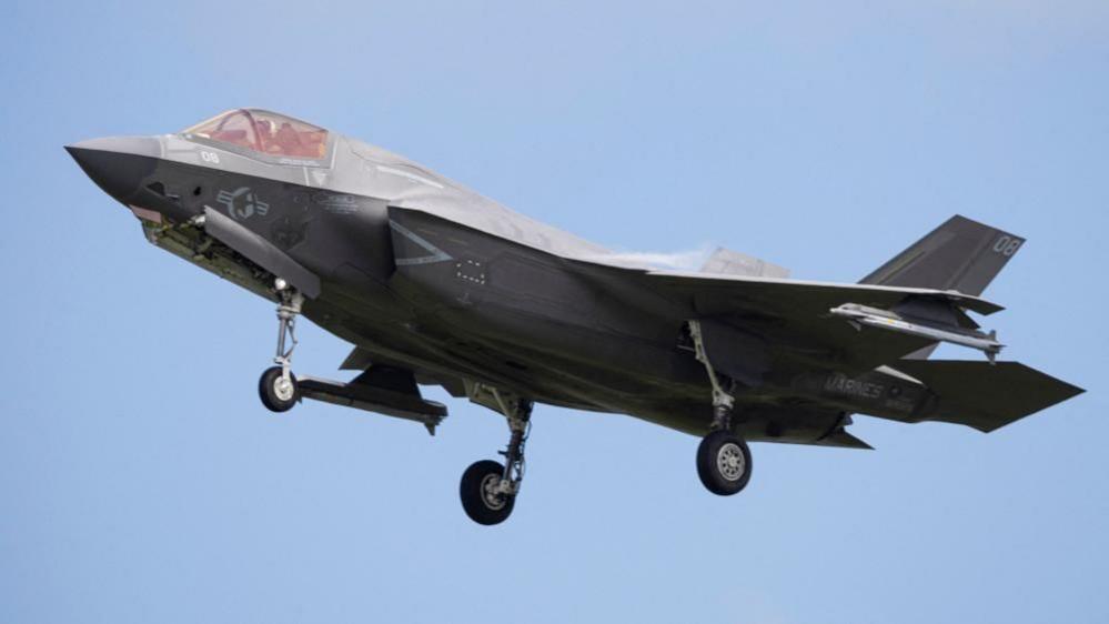 A US Marine Corps F-35 fighter jet approaches a military base in Ceiba, Puerto Rico