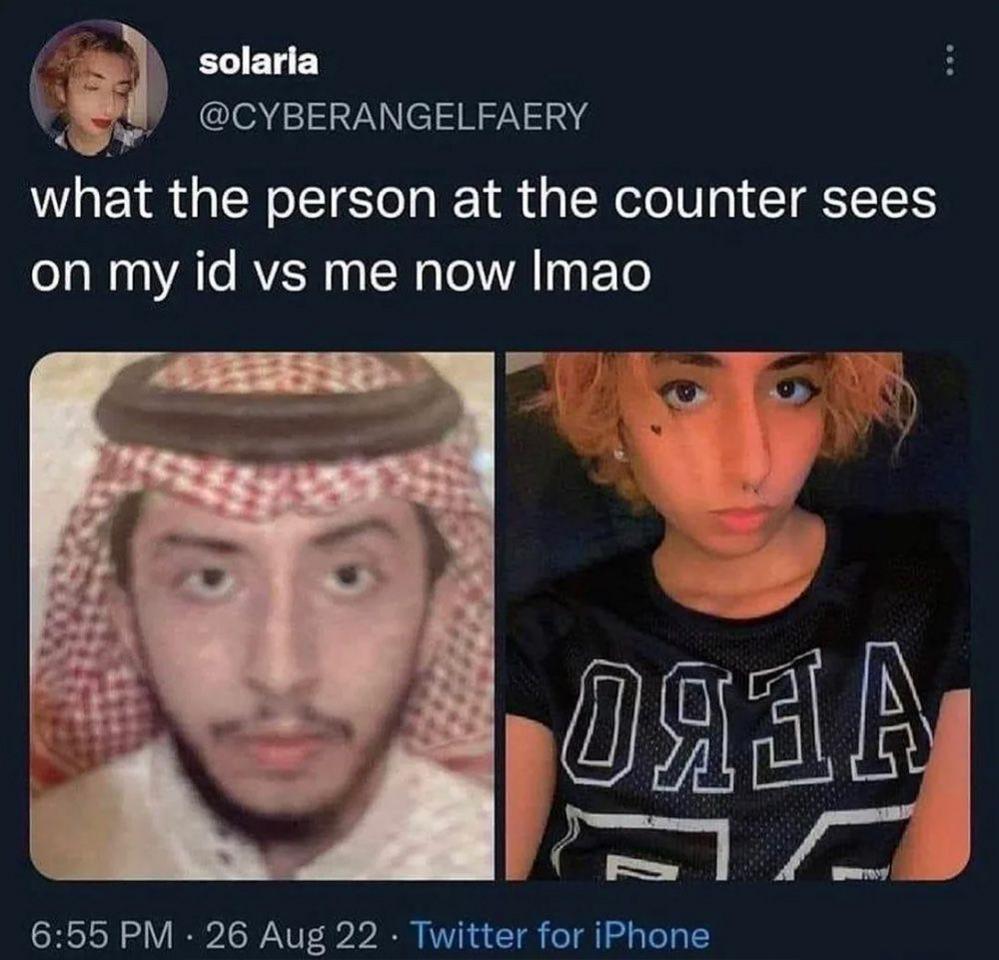 Tweet from Eden Knight which went viral. It reads: "What the person at the counter sees on my identification versus me now, lmao [laughing my ass off]."