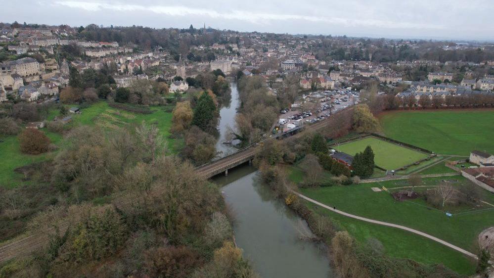 Aerial view of the river running through Bradford on Avon