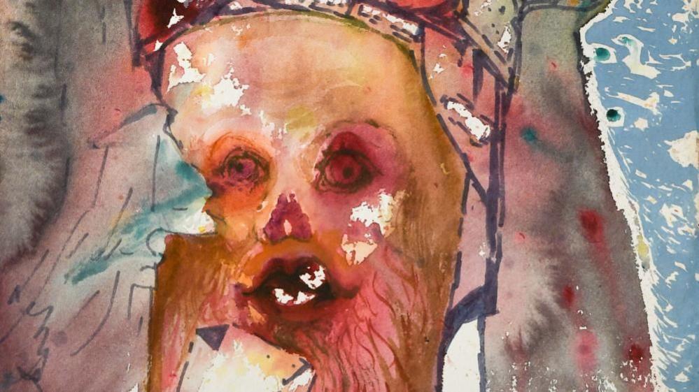 Part of a painting by Salvador Dali. It shows a face in orange and red colours.