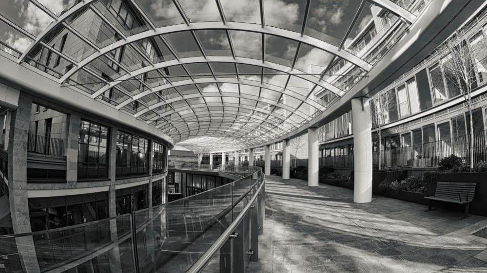 A black and white photo of an empty shopping mall with a glass roof 