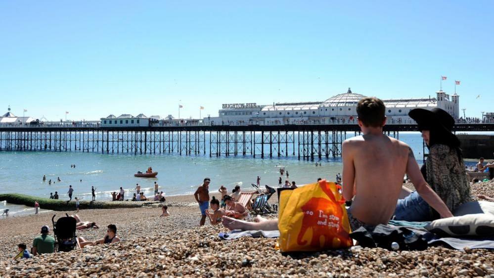 People on a beach, with Brighton Pier in the background
