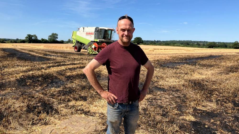 A man standing in a field where the harvest has been destroyed by a fire. Parts of the ground are black. The man is wearing light blue jeans and a burgundy top. He has his hands on his hips. The sky is blue in the background.