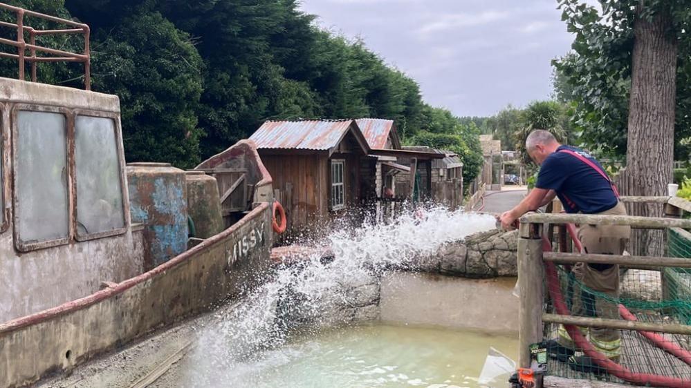 A firefighter holding a hose is shown pumping water into the penguin pool from a viewing platform. An old boat can be seen inside the pool, with trees in the distance. 