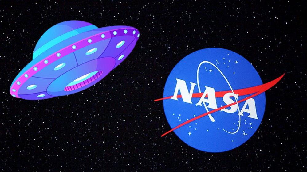 NASA logo next to UFO graphic on space background