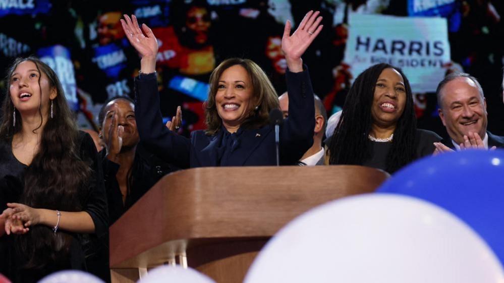 Democratic presidential nominee and U.S. Vice President Kamala Harris waves from the stage on Day 4 of the Democratic National Convention